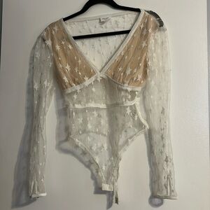 Le Lis Sheer Tan Creme Star Print Bodysuit- Small